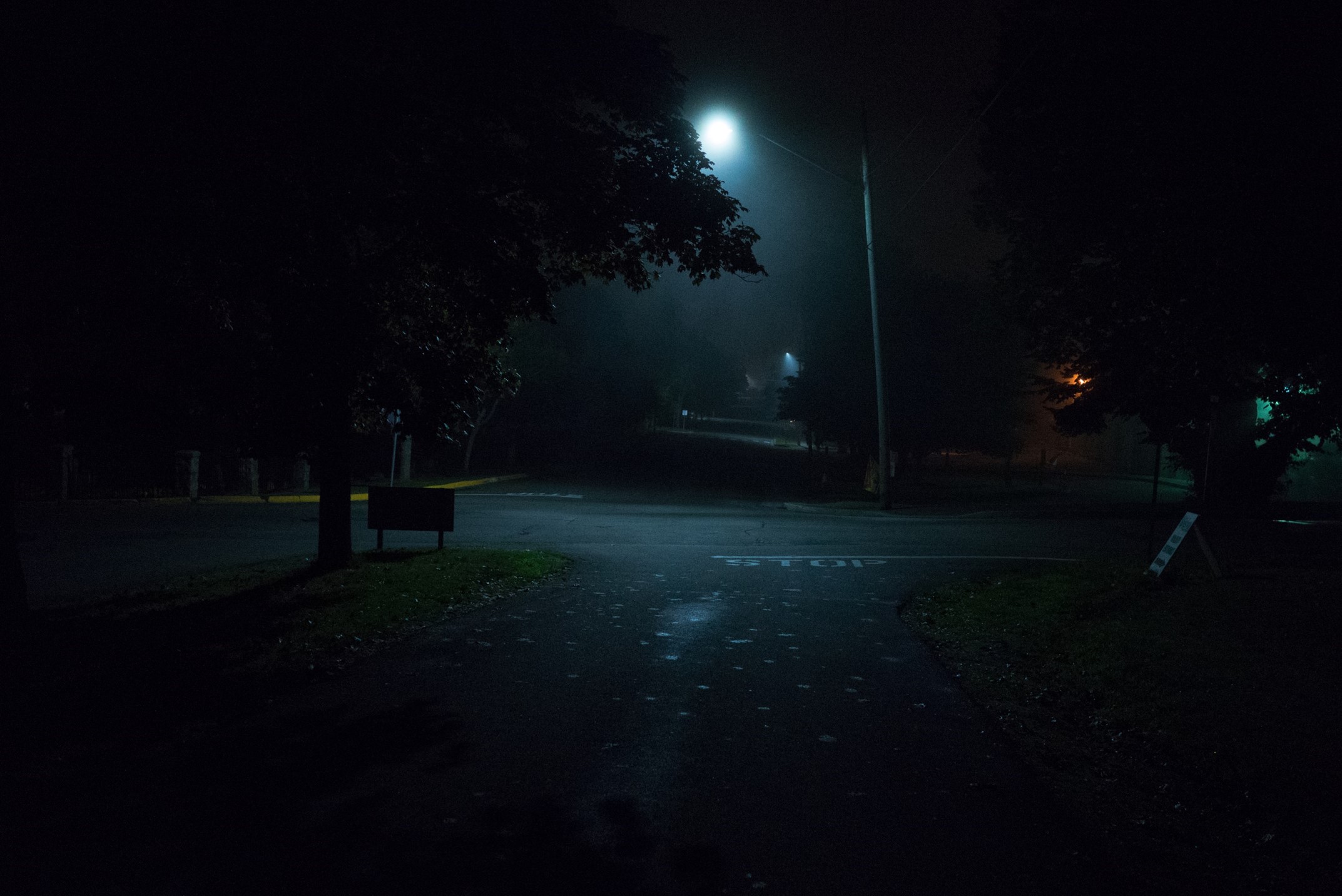 a dim street at night